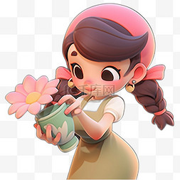 多场景3D卡通粉色可爱女孩捧着花