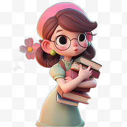 拿着书3D卡通粉色可爱女孩形象