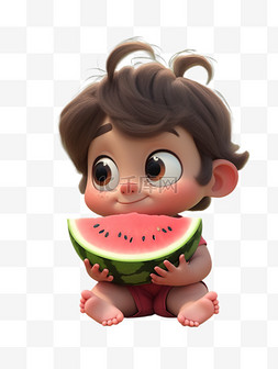 夏天吃西瓜的小孩PNG