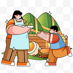 孩子坐爸爸背上图片_端午节描边妈妈送上粽子吃粽子