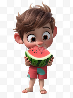 夏天吃西瓜的小孩PNG