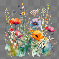 彩色植物花朵水彩绘画