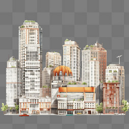 手绘渲染城市图片_城市建筑扁平风手绘插画