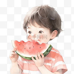 夏天吃西瓜的可爱男孩