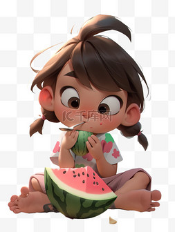 吃西瓜的可爱小孩PNG