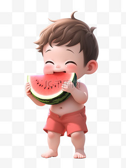 吃的男孩图片_3dc4d立体夏天吃西瓜的男孩