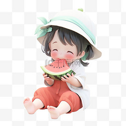 小孩吃水果图片_3dc4d立体夏天吃西瓜的小女孩