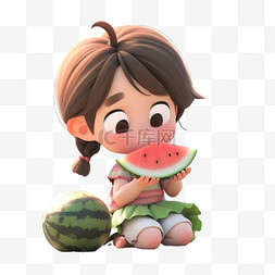 夏天女孩吃西瓜图片_3dc4d立体夏天吃西瓜的女孩