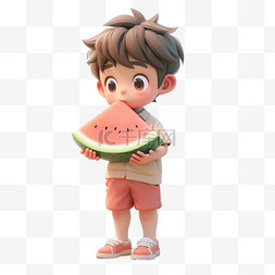 吃西瓜男孩图片_3dc4d立体夏天吃西瓜的小男孩