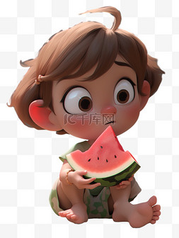 动画风格图片_吃西瓜的可爱小孩PNG