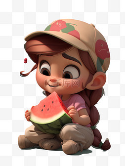 动画风格图片_吃西瓜的可爱小孩PNG