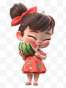 吃西瓜的女孩图片_3dc4d立体夏天吃西瓜的女孩