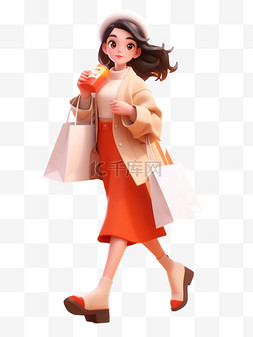 好看的纯色背景图片_手提购物袋的女孩PNG