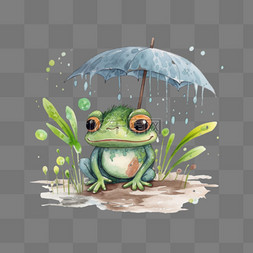 绿色手绘青蛙图片_绿色卡通小青蛙打伞插画