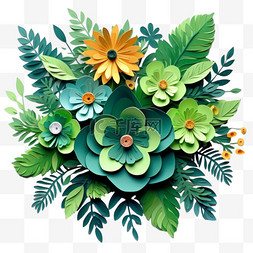 绿色折纸素材图片_绿色鲜花折纸花朵植物装饰花环元