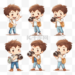 卡通可爱相机图片_一组手持相机的可爱男孩卡通插图