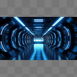 深蓝色太空飞船内部隧道