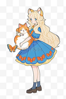 插画可爱女孩图片_亮蓝色公主裙可爱女孩抱猫插画元