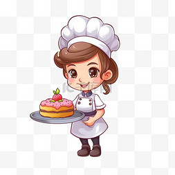 插图蛋糕图片_可爱的厨师女孩穿着制服，手持蛋