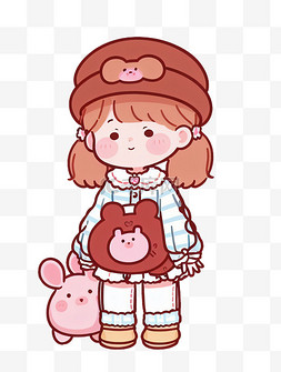可爱粉色系女孩和小兔玩偶插画元