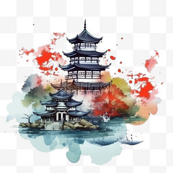 山水图片_水彩画中式插图