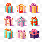 礼品盒准备好了。圣诞或生日礼物用五颜六色的包装纸、丝带和蝴蝶结隔绝贺卡元素。假日或惊喜派对概念的平面矢量插图