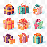 礼品盒准备好了。圣诞或生日礼物用五颜六色的包装纸、丝带和蝴蝶结隔绝贺卡元素。假日或惊喜派对概念的平面矢量插图