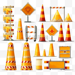 立方锥体图片_设置路障。警告和停车标志，建筑