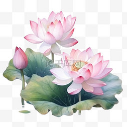 水花花卉图片_粉红色的荷花和荷叶。水彩画插图