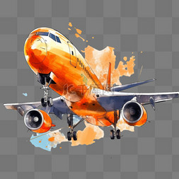 水彩飞机图片_橙色水彩风手绘卡通飞机
