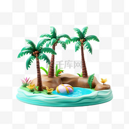 海边场景图片_3DC4D立体夏日场景海边小岛椰树