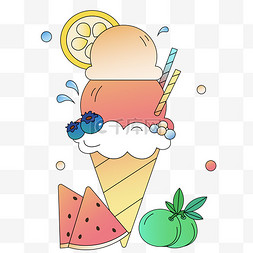 夏季描边冰淇淋水果元素
