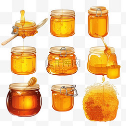 一组蜂蜜在蜂窝中在罐子中从蜂蜜
