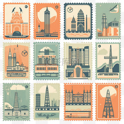 行李旅行图片_一套平版城市邮票