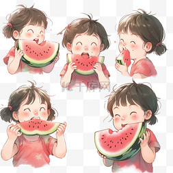 插画夏天背景图片_吃西瓜的可爱的孩子开心的表情手