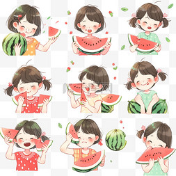 吃西瓜的可爱的孩子开心的表情手