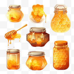 食品矢量插图图片_蜂蜜在蜂窝中在罐子中从蜂蜜勺中