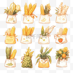 白色手绘食物图片_秋天丰收的金黄色玉米的袋子中的