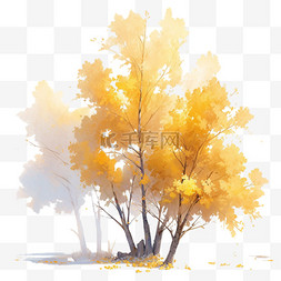 绘画树木图片_秋天黄色叶子的树木元素植物