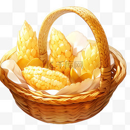 白色手绘食物图片_丰收的玉米金黄色的竹筐中的玉米