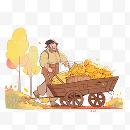 手绘卡通树图片_农民推着载满丰收的农作物的小车