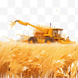 手绘场景背景图片_拖拉机收割麦田丰收的场景元素
