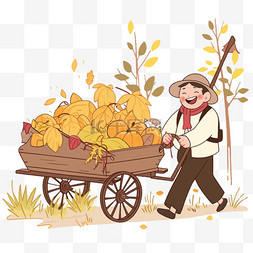 秋天丰收场景开心的农民推着满载