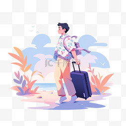 蓝色行李箱插画图片_扁平插画风格旅游度假人物拉蓝色