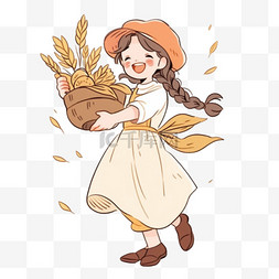 秋收卡通手绘图片_戴帽子女孩拿着秋收的农作物卡通