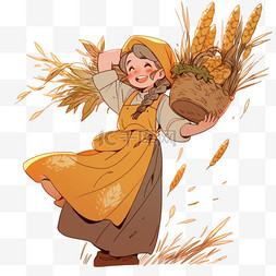 卡通秋收图片_女孩开心的拿着秋收的农作物卡通