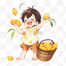 卡通芒果图片_可爱的孩子吃着丰收的芒果元素卡