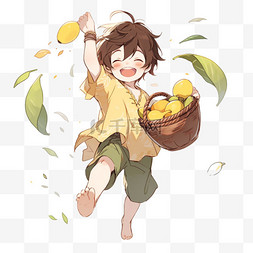 芒果榨汁图片_可爱的孩子吃着丰收的芒果卡通元