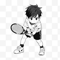 卡通简约线条人物小男孩打网球