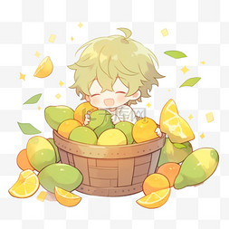 可爱的男孩吃着丰收的芒果卡通手
